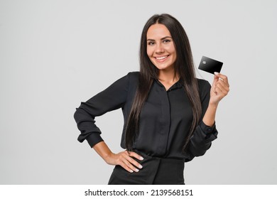 E-banking, e-commerce. Businesswoman bank manager employee worker ceo boss using credit card for online payments, shopping, loan, startup, mortgage, cashback isolated in white background