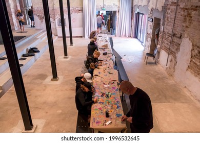 Ebeltoft, Denmark - 20 July 2020: Children And Adults Draw With Colors On A Long Piece Of Paper, Joint Drawing, Drawing Toads, Kulturhuset Ebeltoft, The Malt Factory