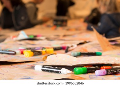 Ebeltoft, Denmark - 20 July 2020: Children And Adults Draw With Colors On A Long Piece Of Paper, Joint Drawing, Drawing Toads, Kulturhuset Ebeltoft, The Malt Factory