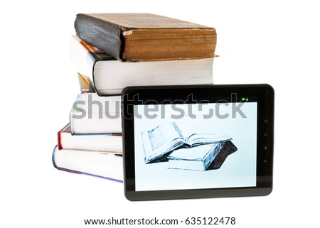 Ebook and stack of paper book on background isolated