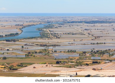 Ebro River And Delta, With Flooded Rice Fields In Terres De L'Ebre In Catalonia, Spain