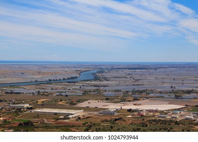 Ebro River And Delta, With Flooded Rice Fields In Terres De L'Ebre In Catalonia, Spain