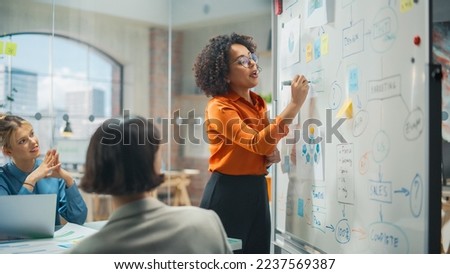 e-Business Technology Conference Presentation: Expressive, Female, Black Tech Engineer Pitching Revolutionary Innovative Product. Whiteboard Shows Graphs, Infographics, AI, Big Data, Mindmapping