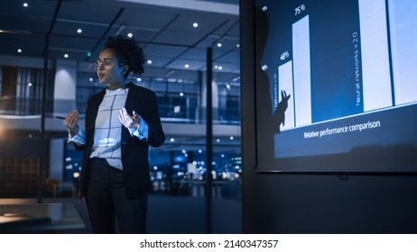 e-Business Technology Conference Presentation: Innovative Black Businesswoman Talks about Revolutionary High-Tech Product. Projector Screen Shows Graphs, Infographics, AI, Big Data, Machine Learning - Shutterstock ID 2140347357
