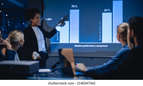 e-Business Technology Conference Presentation: Innovative Black Businesswoman Talks about Revolutionary High-Tech Product. Projector Screen Shows Graphs, Infographics, AI, Big Data, Machine Learning - Shutterstock ID 2140347365
