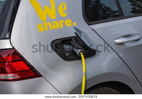 E-cars from We Share being charged, Germany,\
20.08.2020, Cottbus