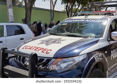                                                               ECATEPEC DE MORELOS, MÉXICO - 23 FEBRUARY 2021: Ecatepec Patrol Guarding The Line For Vaccination Against Covid 19 At The Melchor Muzquiz 