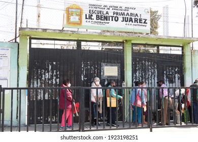                                ECATEPEC DE MORELOS, MÉXICO - 23 FEBRUARY 2021: Vaccination Row Against Covid 19 At The Melchor Muzquiz Civic Center.