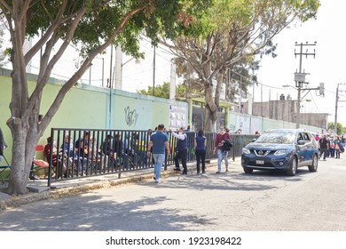              ECATEPEC DE MORELOS, MÉXICO - 23 FEBRUARY 2021: Vaccination Row Against Covid 19 At The Melchor Muzquiz Civic Center.                  