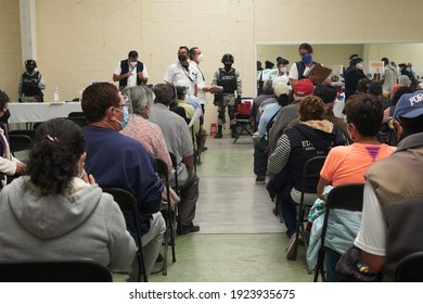 ECATEPEC DE MORELOS, MÉXICO, 24 FEBRUARY 2021: Older Adults Sitting In The Melchor Muzquiz Civic Center Waiting To Be Vaccinated                              