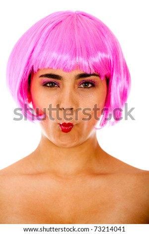 Similar – Image, Stock Photo woman with pink wig smiling happily on pink background