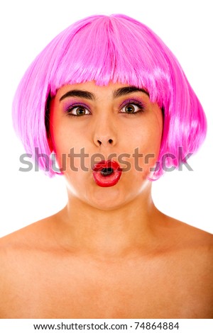 Similar – Image, Stock Photo woman with pink wig smiling happily on pink background