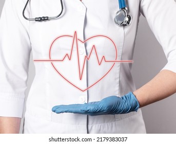 ECG. Heart With Heartbeat Rhythm Over Doctor Hand. Electrocardiogram Test Conducting, Cardiac Diseases Detection Concept. Woman In Lab Coat With Stethoscope. High Quality Photo