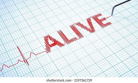 ECG Heartbeat And ALIVE Word On ECG Paper Whit Copy Space. Healthy Or Life Signal Concept.