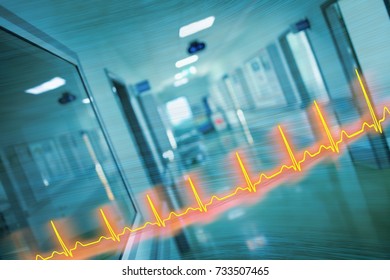 ECG Line And Hospital Corridor, Concept, Of An Emergency Care.