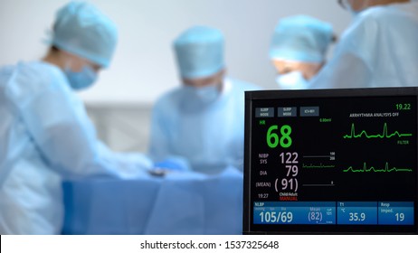 Ecg Monitor Recording Activity Of Heart Rate During Hospital Operation, Surgery