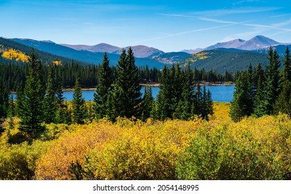 Echo Lake showing off her fall colors as seasons change and autumn colors come out in the Colorado Rocky Mountains near Mount Evans outside of Denver Colorado USA 