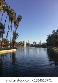 Echo Park And LA Downtown View At Sunset In Los Angeles, California