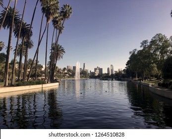 Echo Park And LA Downtown View At Sunset In Los Angeles, California