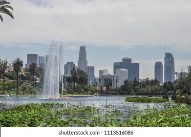 Echo Park Lake With Downtown Los Angeles Skyline