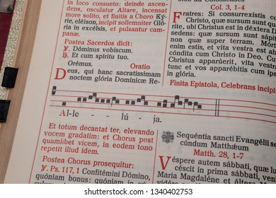 Echternach / Luxembourg - 03 10 2019: Catholic Liturgical Book. Order Of Mass In Latin. Halleluja.