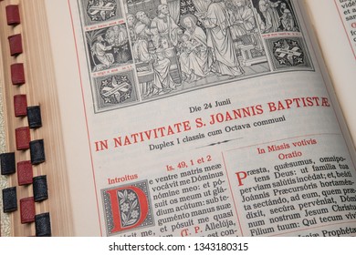 Echternach / Luxembourg - 03 10 2019: Catholic Liturgical Book. Order Of Mass In Latin. John The Baptist.