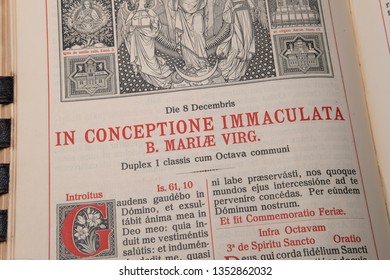 Echternach / Luxembourg - 03 10 2019: Catholic Liturgical Book. Order Of Mass In Latin. Immaculate Conception.