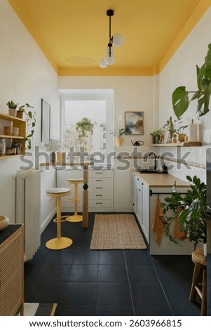 Eclectic kitchen interior with yellow ceiling, black floor and a mix of plants, textures and cheerful tones.
