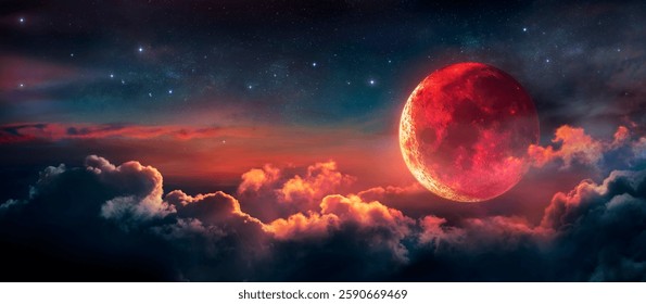 Eclipse - Bloody Moon Withe Red Surface In the Starry Night - Abstract Fantasy Background