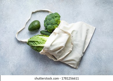 Eco Bag And Green Vegetables. Healthy Food Background. Flat Lay. Sustainable Lifestyle.