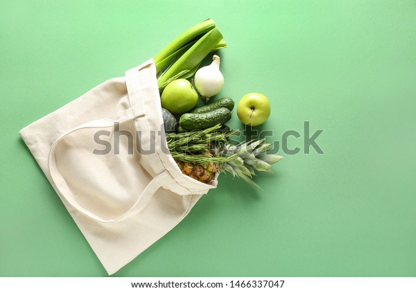 Eco bag with\
products on color\
background