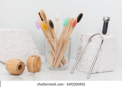 Eco Bath Set For Oral Care Without Plastic. Family-friendly Bamboo Toothbrush, Vegan Dental Floss And Tongue Scraper