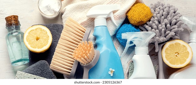 Eco brushes and cleaning products on light background.  Eco Cleaner concept. Top view. Panorama, banner - Powered by Shutterstock