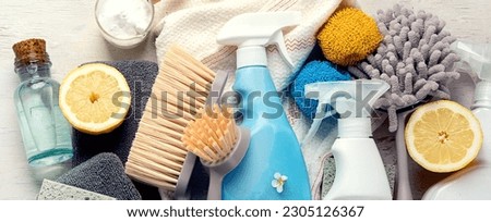 Eco brushes and cleaning products on light background.  Eco Cleaner concept. Top view. Panorama, banner