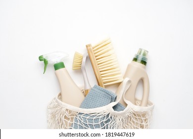 Eco Brushes And Rag On White Background. Flat Lay Eco Cleaning Products. Cleaner Concept 