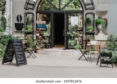 Eco Cafe On Street And Flower Studio, Small Business In City, Reopening After Covid-19, Outdoor Interior