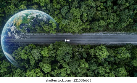 Eco car on forest road with earth planet going through forest, Ecosystem ecology healthy environment road trip travel, Eco car with nature, Electric car and earth EV electrical energy for environment.
