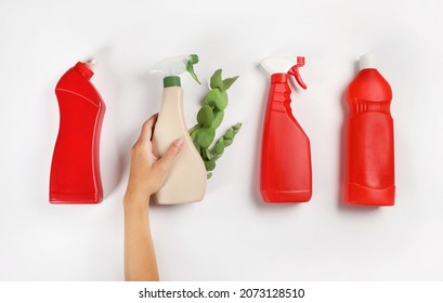 Eco and chemical cleaning detergent. Concept of choice