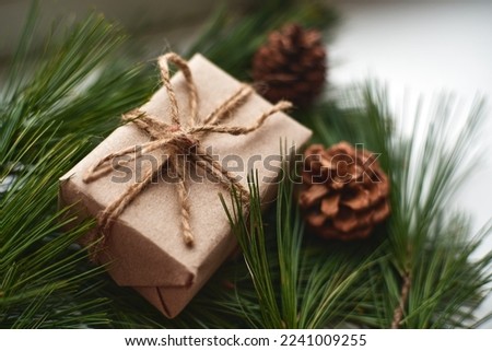 Eco christmas preparation. Christmas and zero waste. Eco friendly packaging gifts in kraft paper. Copy space                               