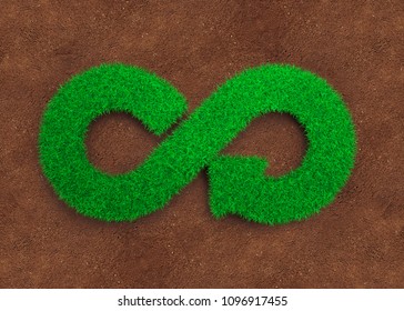 ECO and circular economy concept. The green grass in form of arrow infinity recycling symbol and red soil background.