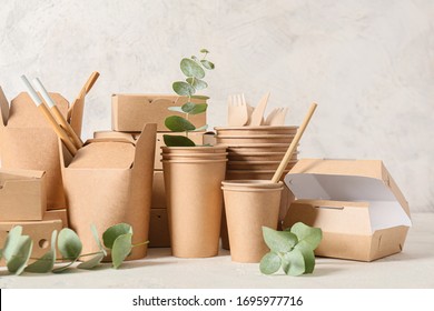 Eco Containers For Food And Drinks On Light Background