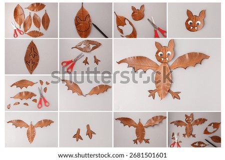 Eco craft tutorial using dried leaves to create bat figure, ideal for Halloween marketing, educational materials, DIY blogs, and sustainable lifestyle branding