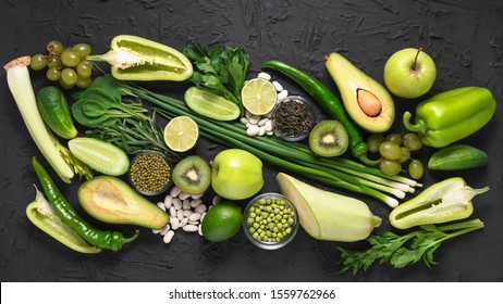 Eco food, detox nutrition. Vitamins, antioxidants and beneficial micronutrients in green foods for vegetarians and meat-eaters.