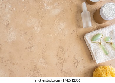 Eco Friendly Beauty Accessories. Natural Sea Sponge And Soap , Biodegradable Swabs, Glass Serum Bottle, Jade Roller And Organic Cotton Towel. Zero Waste Living.