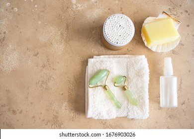 Eco Friendly Beauty Accessories.Jade Roller And Organic Cotton Towel,  Natural Sea Sponge And Soap, Glass Serum Bottle. Zero Waste Care Concept