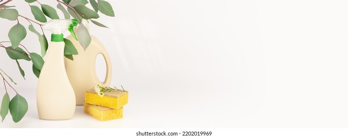 Eco Friendly Cleaning Banner. Organic Cleaning Products For Eco House Cleaning With Sponges On A Light Neutral Background With Green Leaves And Copy Space. Soft Image And Soft Focus Style, Banner Size