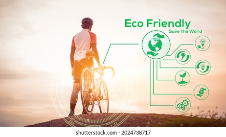 Eco Friendly Concept, Green Energy, Carbon Dioxide Reduction And Pollution Reduction. Car Free Day Concept To Save The World And Save The Earth. A Man Ride Bicycle In Midst Of Nature.