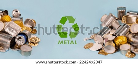 Eco friendly concept. Iron stuff for recycle on blue background. Banner of separate collected metal garbage on blue. Recyclable metal waste: tin cans, foil, steel covers. Zero waste. Save the planet