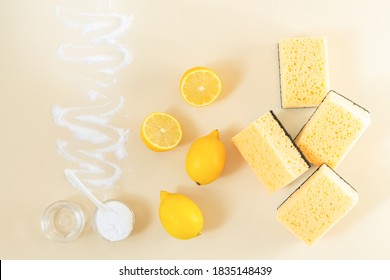 Eco friendly detergents for domestic cleaning. Fresh lemon, vinegar, baking soda