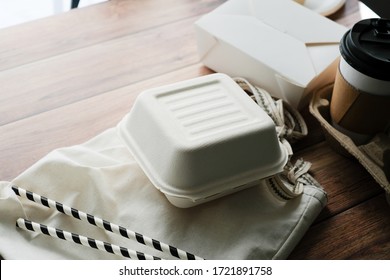 Eco Friendly Fast Food And Drink Biodegradable Containers From Recycle Paper With Plastic . Climate Change And Environment Saving Concept .Top View